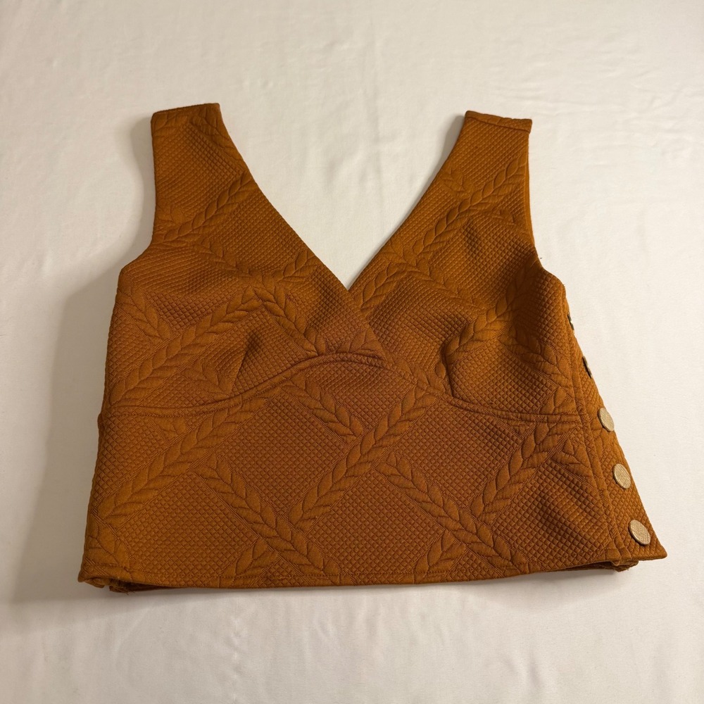 Maeve Anthropologie Rust Orange Quilted Cable Knit Crop Top V-Neck Small